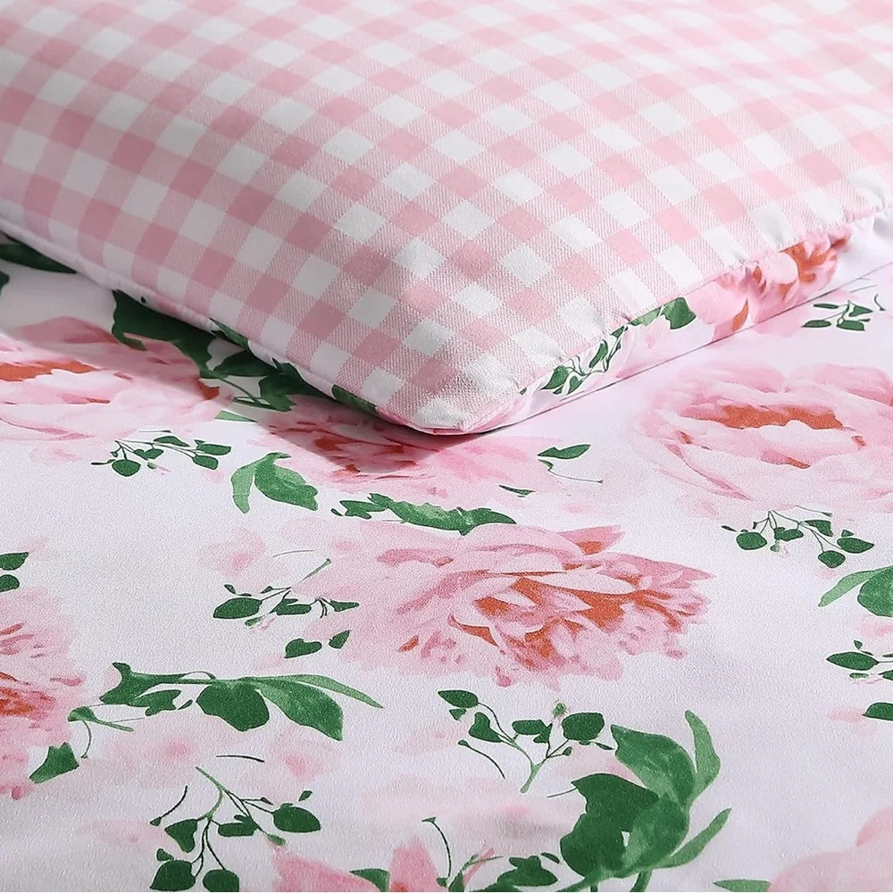🆕 NWT King Duvet Set Reversible Plaid Floral 2 - n - 1 Betsey Johnson PINK NEW